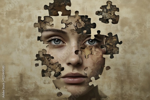 a fragmented human face with puzzle pieces missing, each piece representing various mental disorders like anxiety, depression, and bipolar disorder, set against a neutral background photo