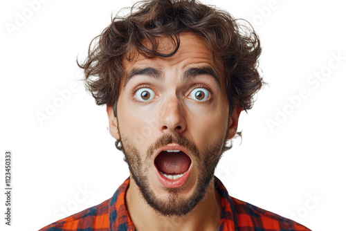 A surprised man with wide eyes and an open mouth, expressing shock or amazement, against a white isolated background. photo