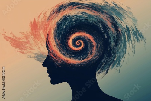 A human head silhouette with a swirling tornado inside, symbolizing the chaos of mental disorders like anxiety and overthinking, set against a muted gradient background photo