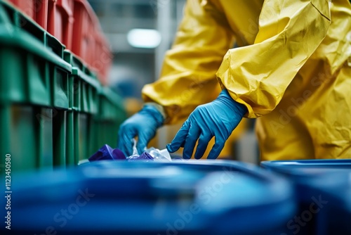 A laboratory technician disposing of hazardous waste in designated containers