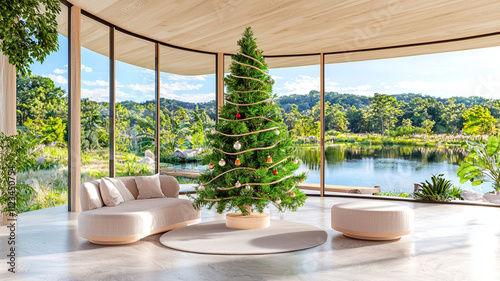 beautifully decorated Christmas tree stands in modern family room, surrounded by large windows showcasing serene outdoor view of nature and tranquil lake