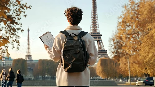 Student at Famous Landmark with Guidebook and Backpack