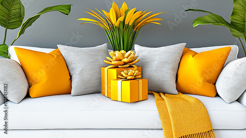 Bright and cheerful living room scene featuring white sofa adorned with yellow pillows, decorative gifts, and vibrant floral arrangements, creating warm and inviting atmosphere