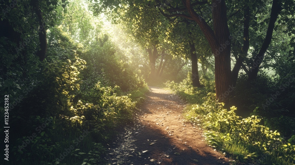 Obraz premium Enchanting Forest Trail, a winding path through a lush woodland, sunlight dances through the canopy, beckoning explorers and outdoor enthusiasts to experience nature's beauty.