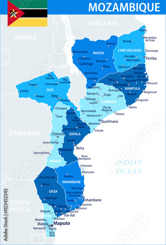 Mozambique Map Vector Blue Spot - Customizable layered political map of Mozambique with administrative divisions for website, education, reports, news, politics, print, poster and wallpaper