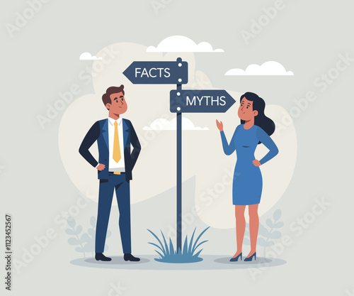 Fact vs Myth, truth or false information to make decision, belief or fiction to choose to believe