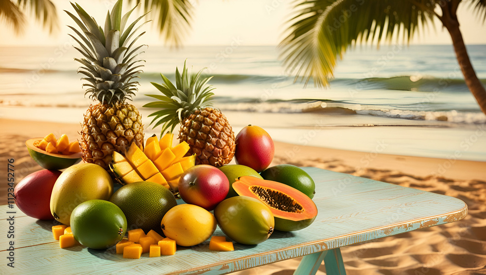 A vibrant assortment of tropical fruits, including pineapples, mangoes, coconuts, and papayas, arranged on a rustic wooden table with a serene beach and blue ocean in the background. A vibrant assortment of tropical fruits, including pineapples, mangoes, coconuts, and papayas, arranged on a rustic wooden table with a serene beach and blue ocean in the background.