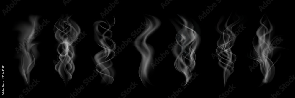 Obraz premium Smoke steam clouds isolated on black background, hot vapor swirls, light smoky trail, fog and mist effect. Set smoke steam, waves from tea, coffee, hot food, cigarettes