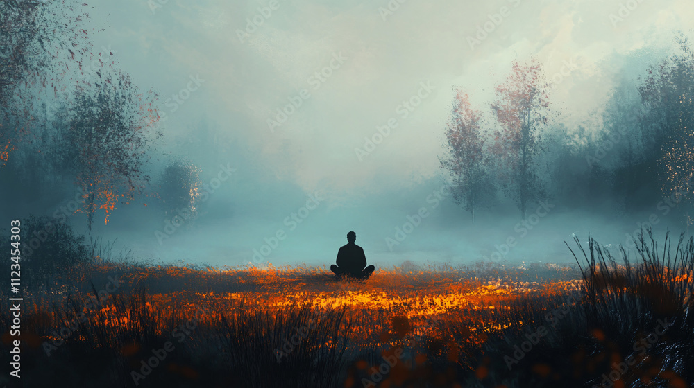 Fototapeta premium A figure sits quietly in a foggy field, reflecting on their past and the paths they have taken.