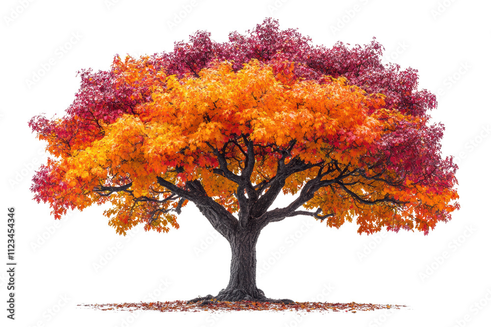 Fototapeta premium A vibrant autumn tree showcasing bright orange, red, and yellow leaves against a white isolated background.