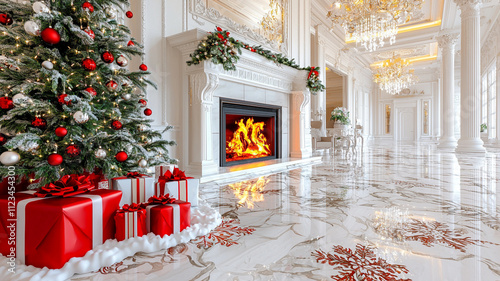 festive living room featuring beautifully decorated Christmas tree, roaring fireplace, and wrapped gifts, creating warm and inviting holiday atmosphere