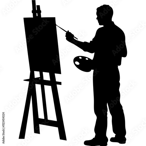 Silhouette of a male artist painting a canvas on an easel. vector illustration on a white background