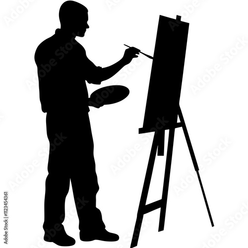 Silhouette of a male artist painting a canvas on an easel. vector illustration on a white background