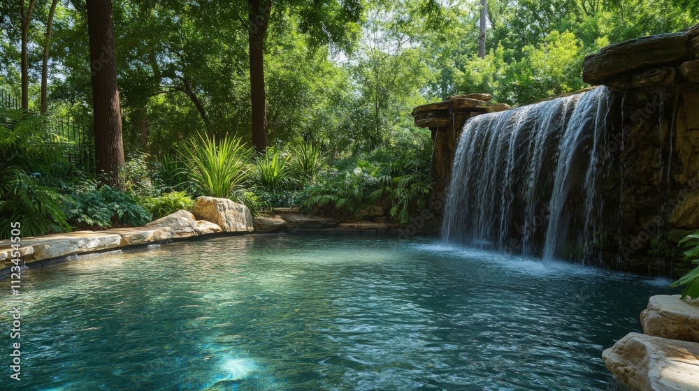 Naklejka premium Serene Waterfall Oasis, a tranquil cascade flows into a crystal-clear pool, embraced by vibrant foliage, offering a rejuvenating escape into nature’s beauty.
