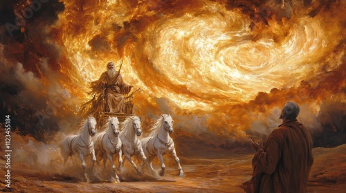 Fiery chariot ride against stormy sky