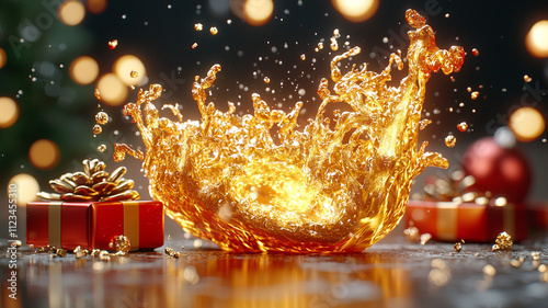 vibrant splash of golden liquid surrounded by festive gifts and decorations creates joyful holiday atmosphere. shimmering droplets enhance celebratory mood