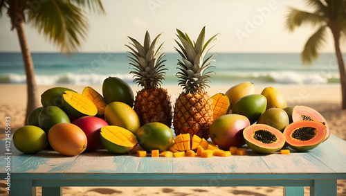 An enticing collection of tropical fruits, such as bananas, passion fruits, and guavas, displayed on a wooden table with a sunny beach and gently rolling waves in the background.

 photo