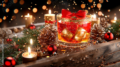 festive drink with gold cubes, surrounded by pine cones, candles, and holiday decorations, creating warm and joyful atmosphere