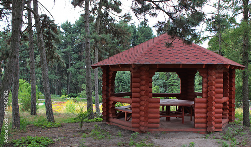 Landscape with cozy gazebo made of red wooden logs on a hill in a pine park
