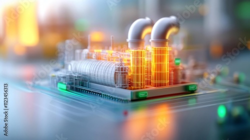 3D rendering of industrial gas plant wireframe with colorful pipes and paths. Generative AI