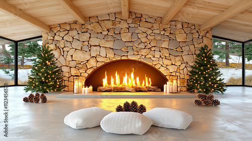 cozy fireplace with glowing flames, surrounded by pine trees, candles, and decorative pine cones, creates warm holiday atmosphere