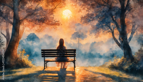 Watercolor painting of a woman looking in the distance sitting on a park bench