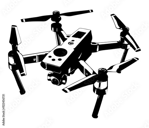 The drone icon. A quadcopter. EPS 10 flat vector illustration. The logo symbol is black on a white background.