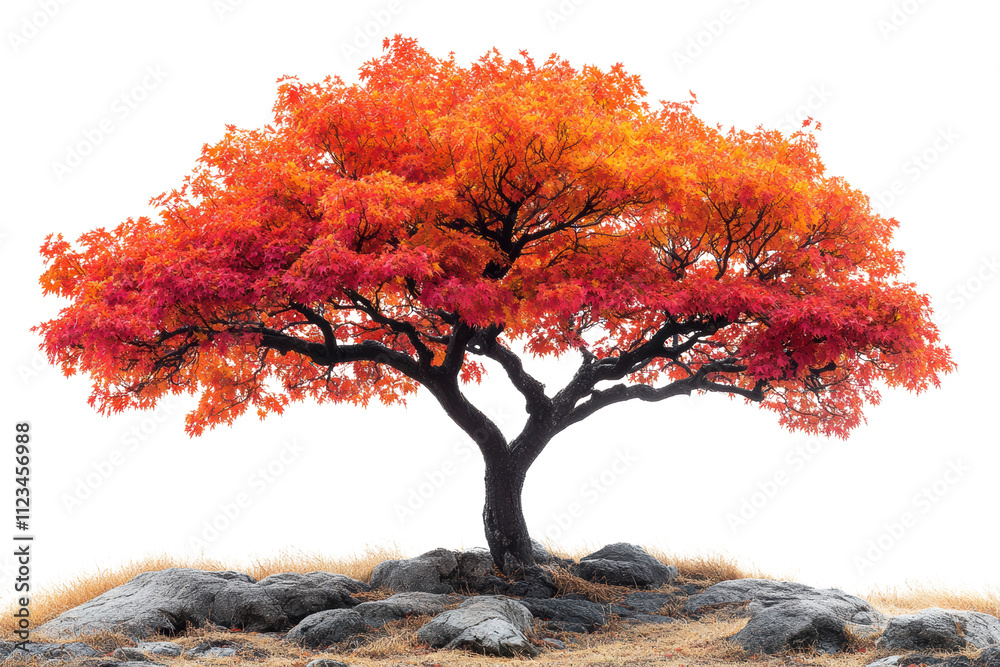 Fototapeta premium A vibrant orange and red autumn tree stands gracefully on a rocky terrain, showcasing the beauty of nature's seasonal change against a white background.