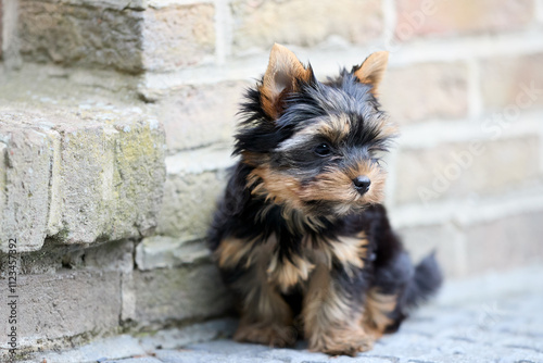 Cute young puppy of Yorkshire terrier sitting on terrace