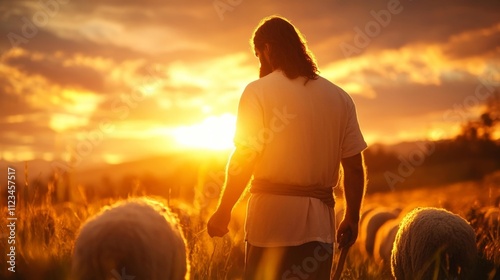 Jesus the shepherd tends his sheep in the misty morning sunrise landscape. Generative AI photo