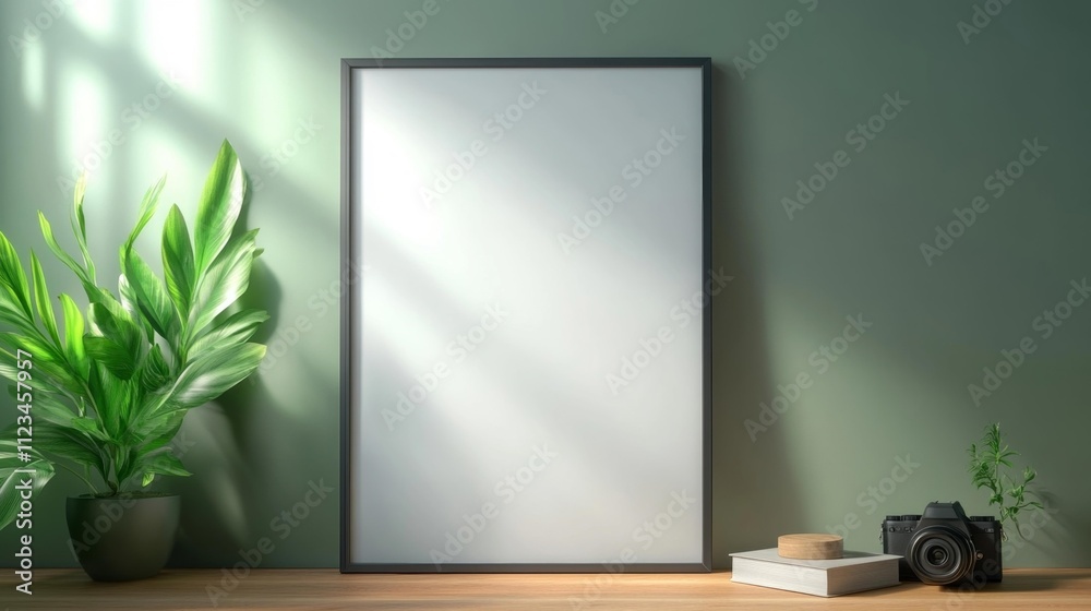 Fototapeta premium Black Frame Mockup with White Poster on Wooden Table in Stylish Room. Generative AI