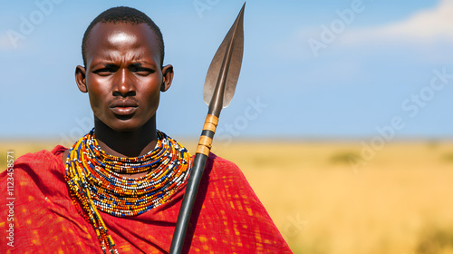 A Masai warrior standing tall against a vast savanna backdrop holding a spear.