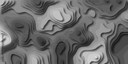 Topographic contour lines vector map seamless pattern vector illustration. Abstract luxury black and white modern 3d papercut background. Topography map circle and wave line smooth multilayer pattern.