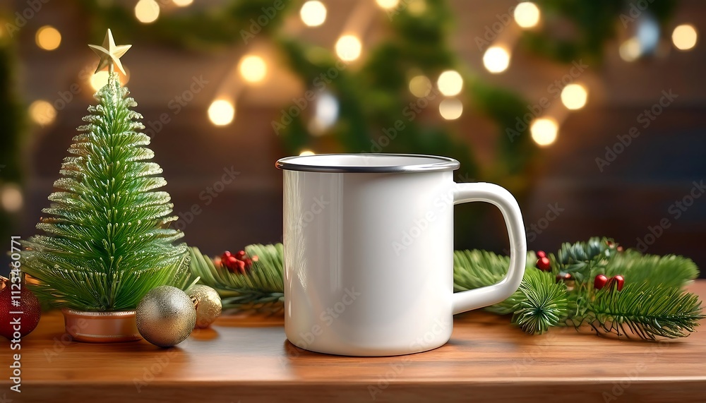Minimalistic enamel mug on wooden table with festive decorations and warm lights for cozy winter vibes. Generative AI Minimalistic enamel mug on wooden table with festive decorations and warm lights for cozy winter vibes. Generative AI