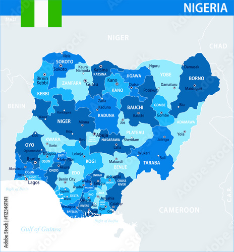Nigeria Map Vector Blue Spot - Customizable layered political map of Nigeria with administrative divisions for website, education, reports, news, politics, print, poster and wallpaper