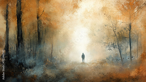 A figure stands still in a foggy forest, feeling lost yet embracing the unknown ahead. photo