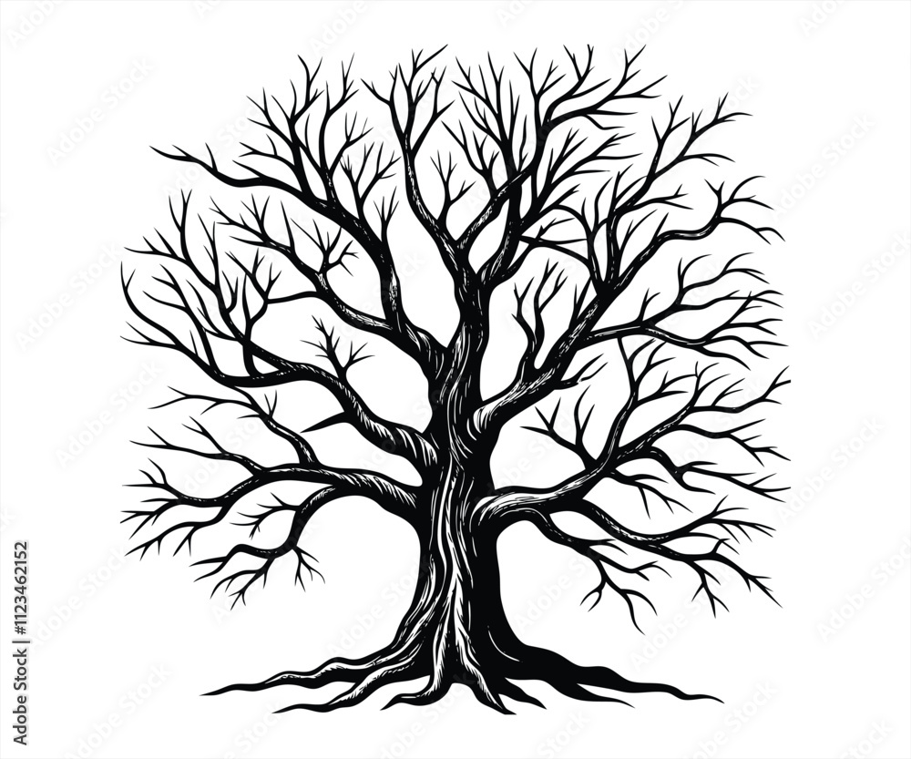 Obraz premium A black and white silhouette of a large tree. Old Tree silhouette vector