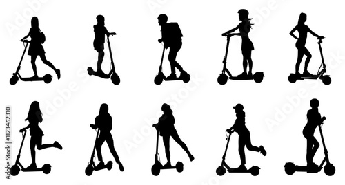 Riding Kick Electric Urban Scooter Vector Silhouette Set