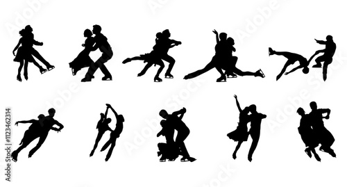 Ice skating couple vector set of silhouettes of people