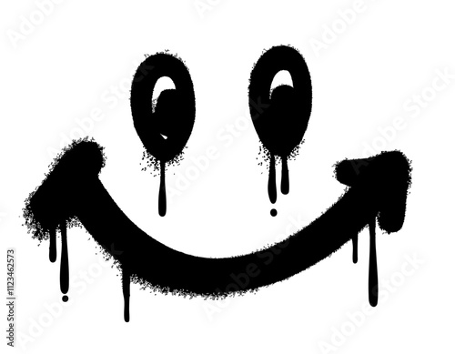 black and white Spray-Painted Graffiti happy icon isolated on white background, vector