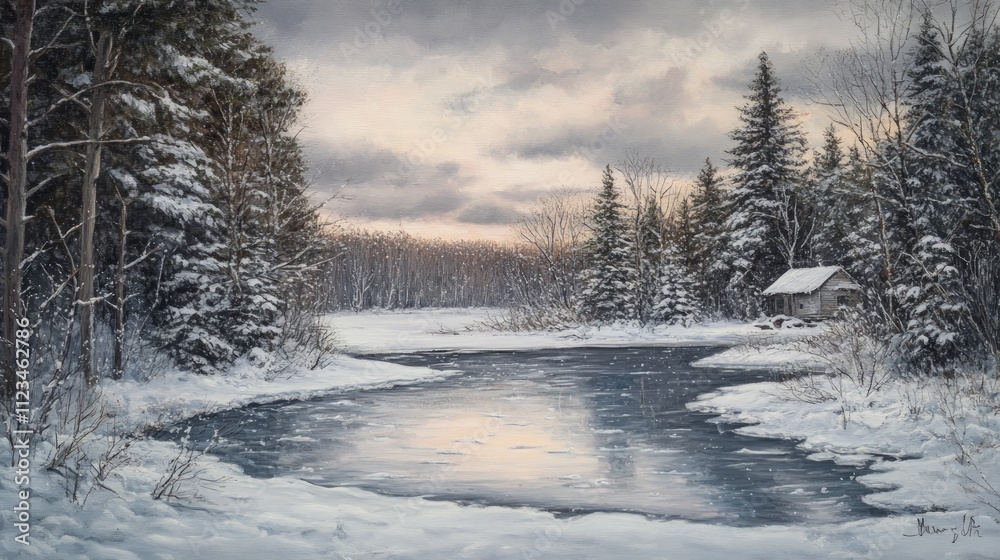 Fototapeta premium Winter Serenity, a tranquil scene of a frozen lake embraced by snow-laden trees, a distant cozy cabin radiating warmth, fostering a peaceful and inviting atmosphere.