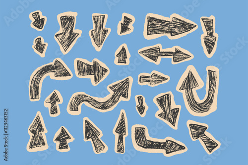 Arrow collage set crayon drawing Pointers isolated. Navigation marks. Scribble doodle paper signs. Vector hand drawn illustration