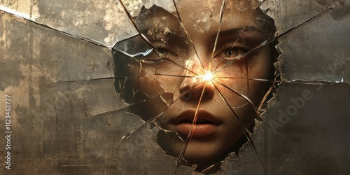 A cracked mirror showing fragmented reflections of a face, each fragment expressing different emotions, with a single shard glowing softly