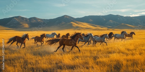 Wild horses galloping on sunlit grassland