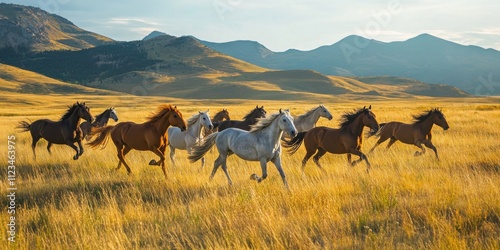 Quadro su tela Wild horses galloping in sunlit grassland
