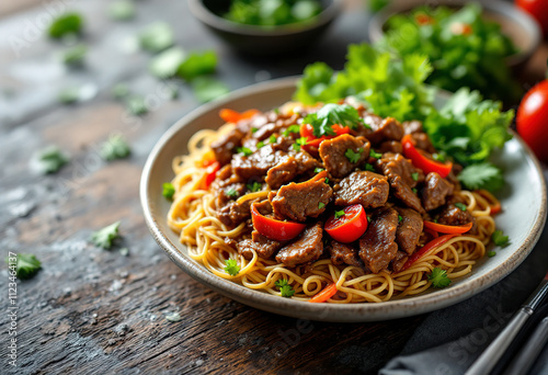 A food photo of a plate of stir-fried beef with vibrant and appetizing ingredients
