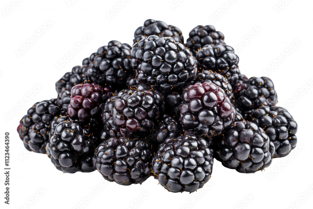 Isolated on a transparent background. Fresh juicy blackberries piled high on white background. Isolated on a transparent background. Fresh juicy blackberries piled high on white background.