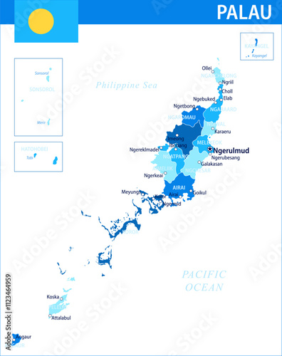 Palau Map Vector Blue Spot - Customizable layered political map of Palau with administrative divisions for website, education, reports, news, politics, print, poster and wallpaper