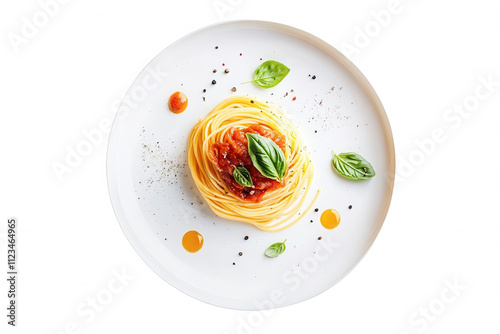 Isolated on a transparent background. Delicious spaghetti with tomato sauce and basil on a white plate. photo