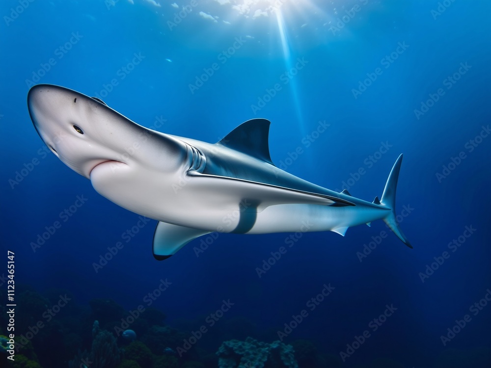 Obraz premium Graceful Shark Swimming in Clear Blue Ocean Waters with Sunlight